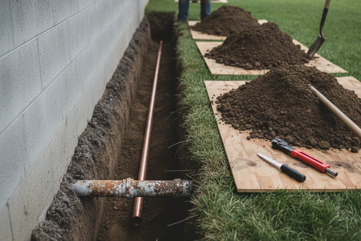Excavated water line trench during Water Softener Installation in Carle Place